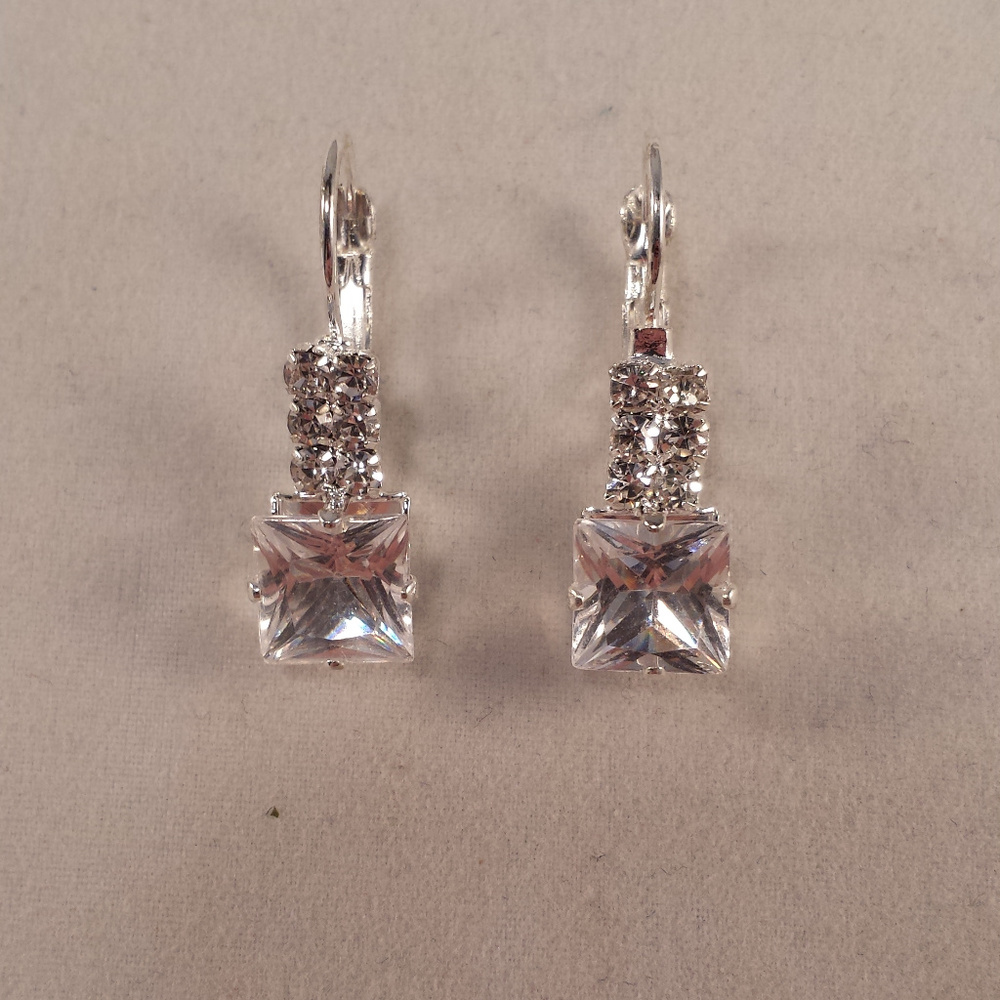 Silver Plated Square White Czech Crystal Earrings
